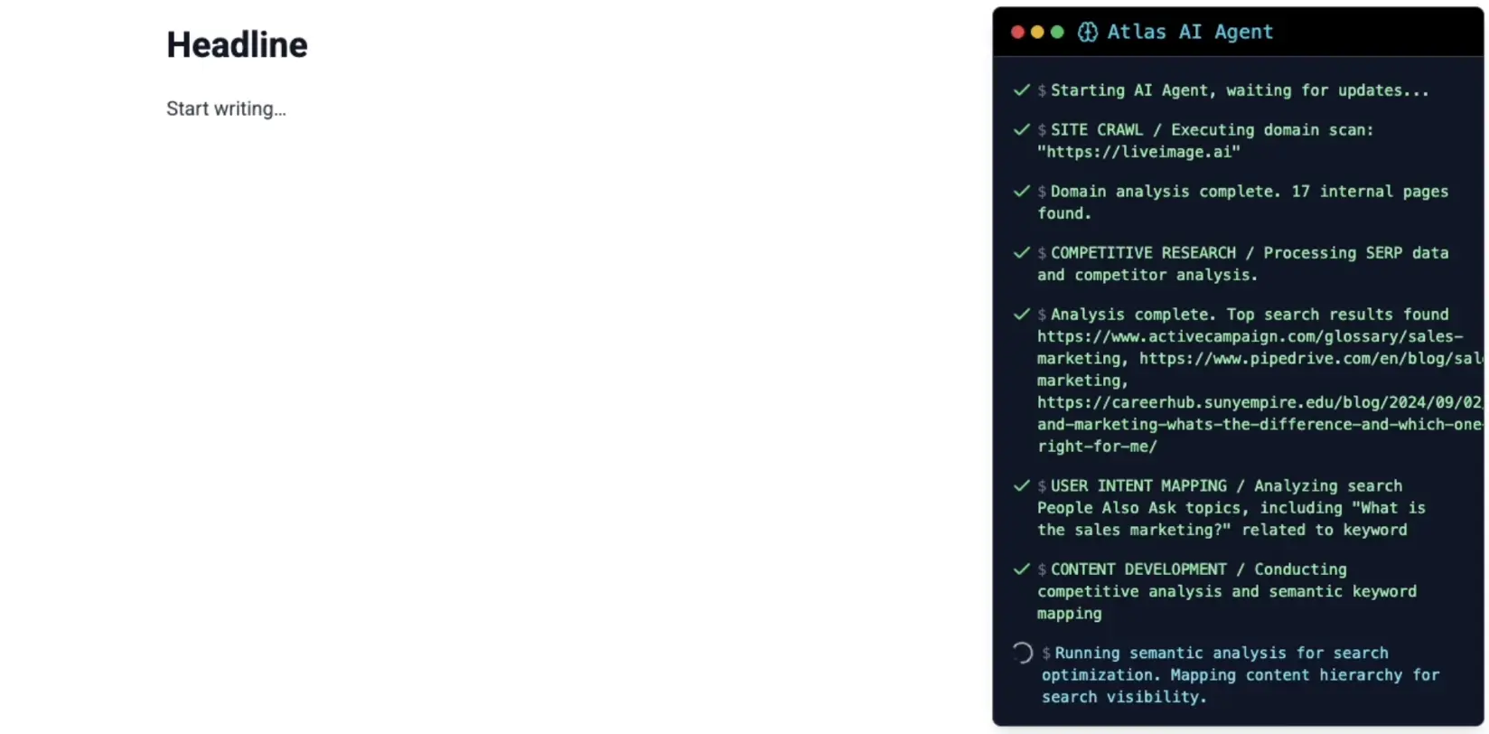 Atlas AI Agent SEO content creation demonstration video preview