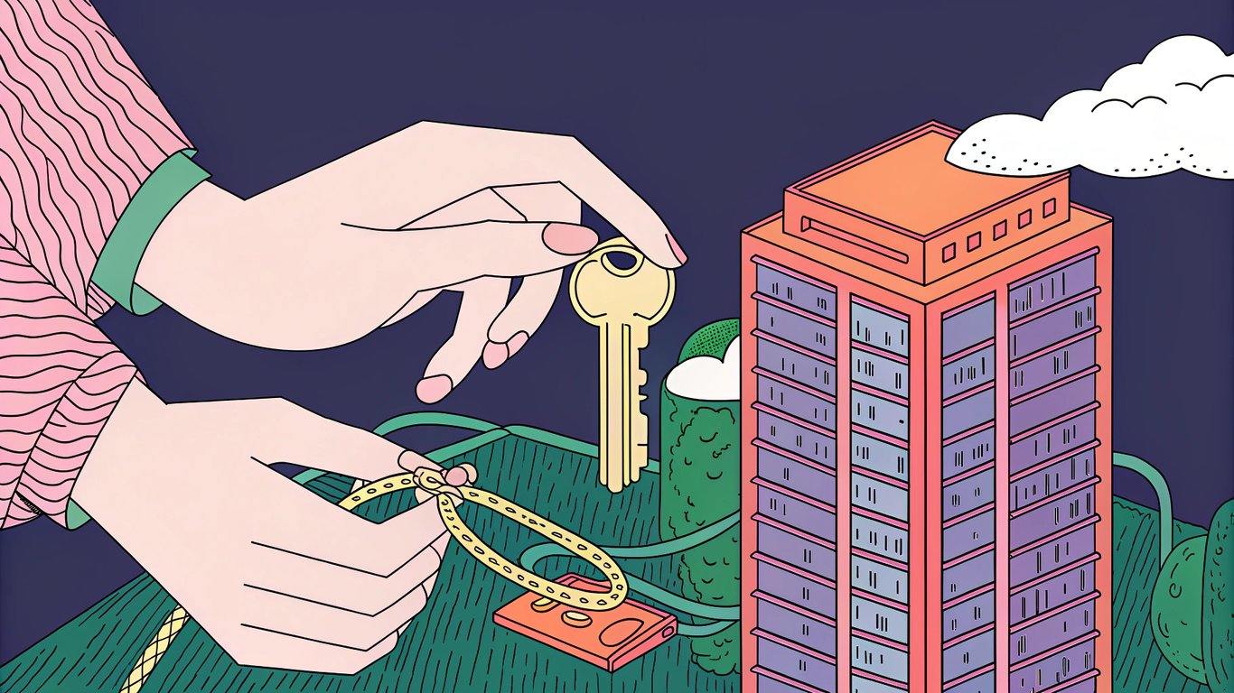 a server represented as a towering skyscraper, a friendly landlord handing over a website-shaped house key, a domain name signpost with a vintage feel, and glowing cables connecting everything.