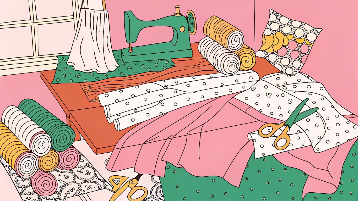 a tailor's workbench with rolls of fabric, scissors, and a half-sewn website outfit.