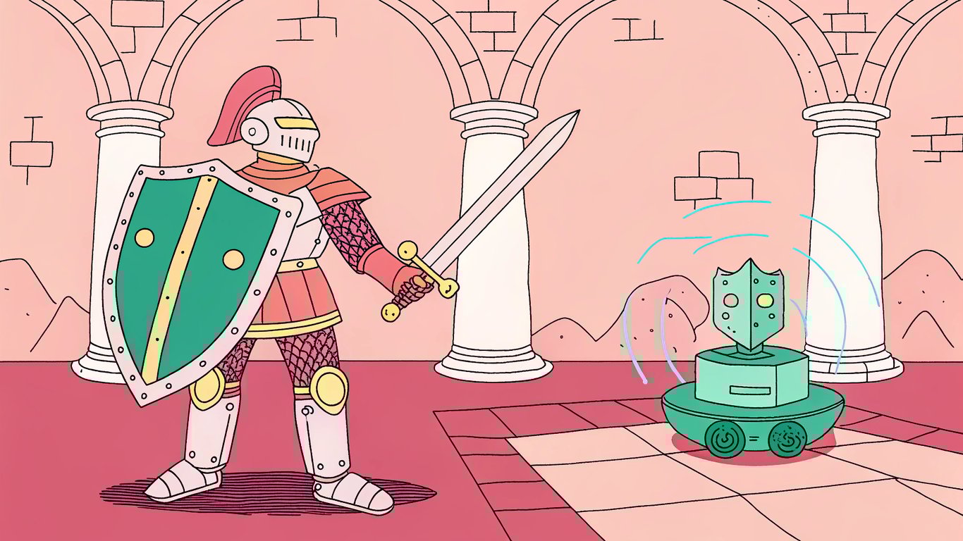 A medieval knight standing guard, a small robot performing maintenance with glowing blue lines, and a digital shield protecting the scene.