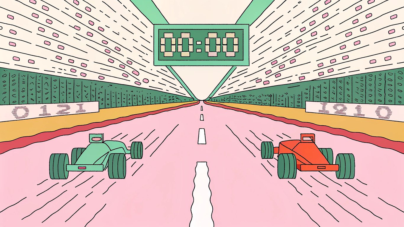 a futuristic race track with two sleek vehicles racing, binary code patterns on the track, a large clock at the finish line, and data streams flowing around the scene.