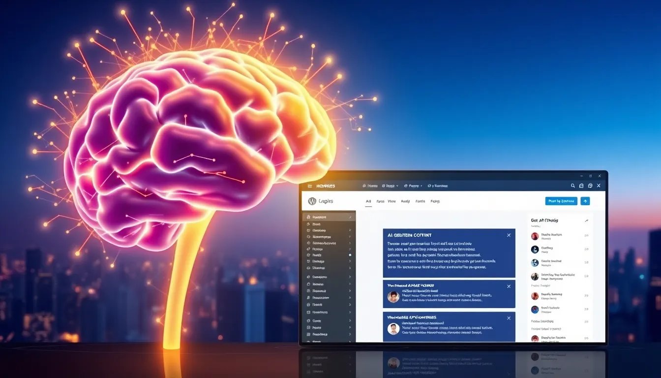 A glowing brain with pulsing neural networks, a WordPress dashboard with AI-generated content streaming in, and a futuristic cityscape in the background with a subtle blue-to-purple gradient.