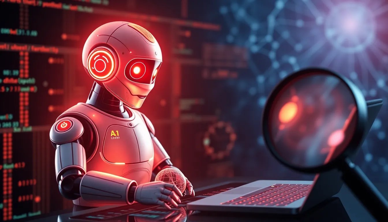 a glowing AI chatbot orb assisting a customer, data streams flowing through a digital interface, a magnifying glass over user interactions, and a subtle neural network background