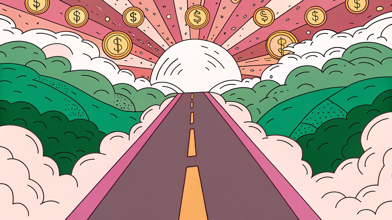 Multiple winding roads of varying widths leading towards a glowing horizon, with currency symbols floating above each path.