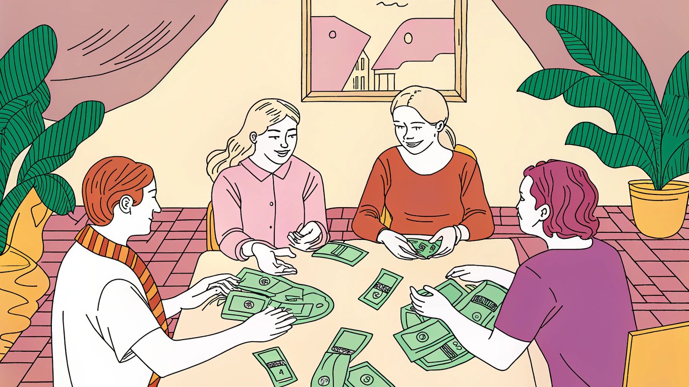 a cozy community scene with people gathered around a shared table, exchanging items and ideas, with a subtle hint of money and transactions in the background.