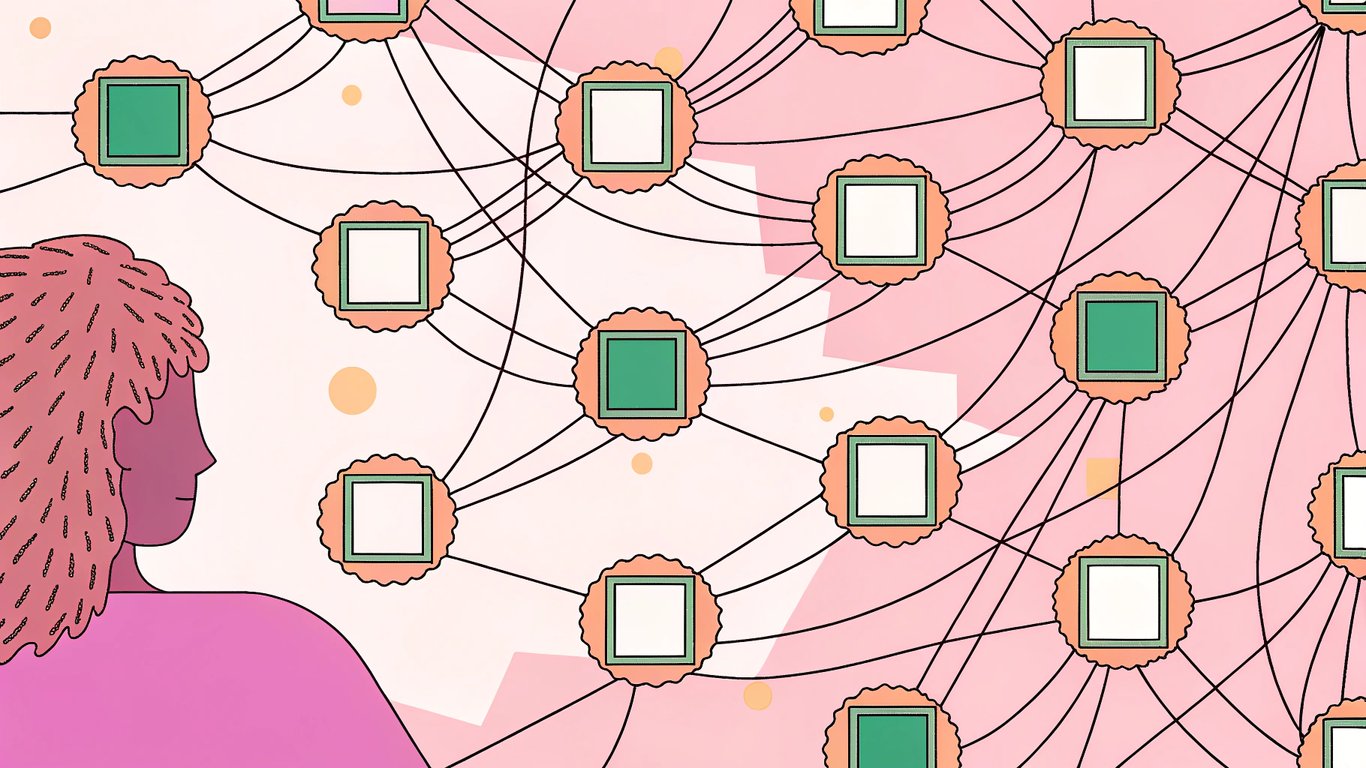 interconnected threads, glowing data points, digital nodes in a network