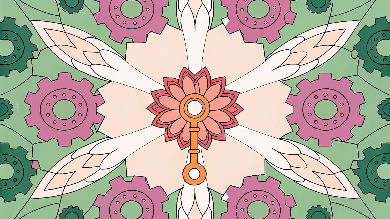 A glowing keyword at the center, surrounded by interconnected gears turning into a blooming flower.