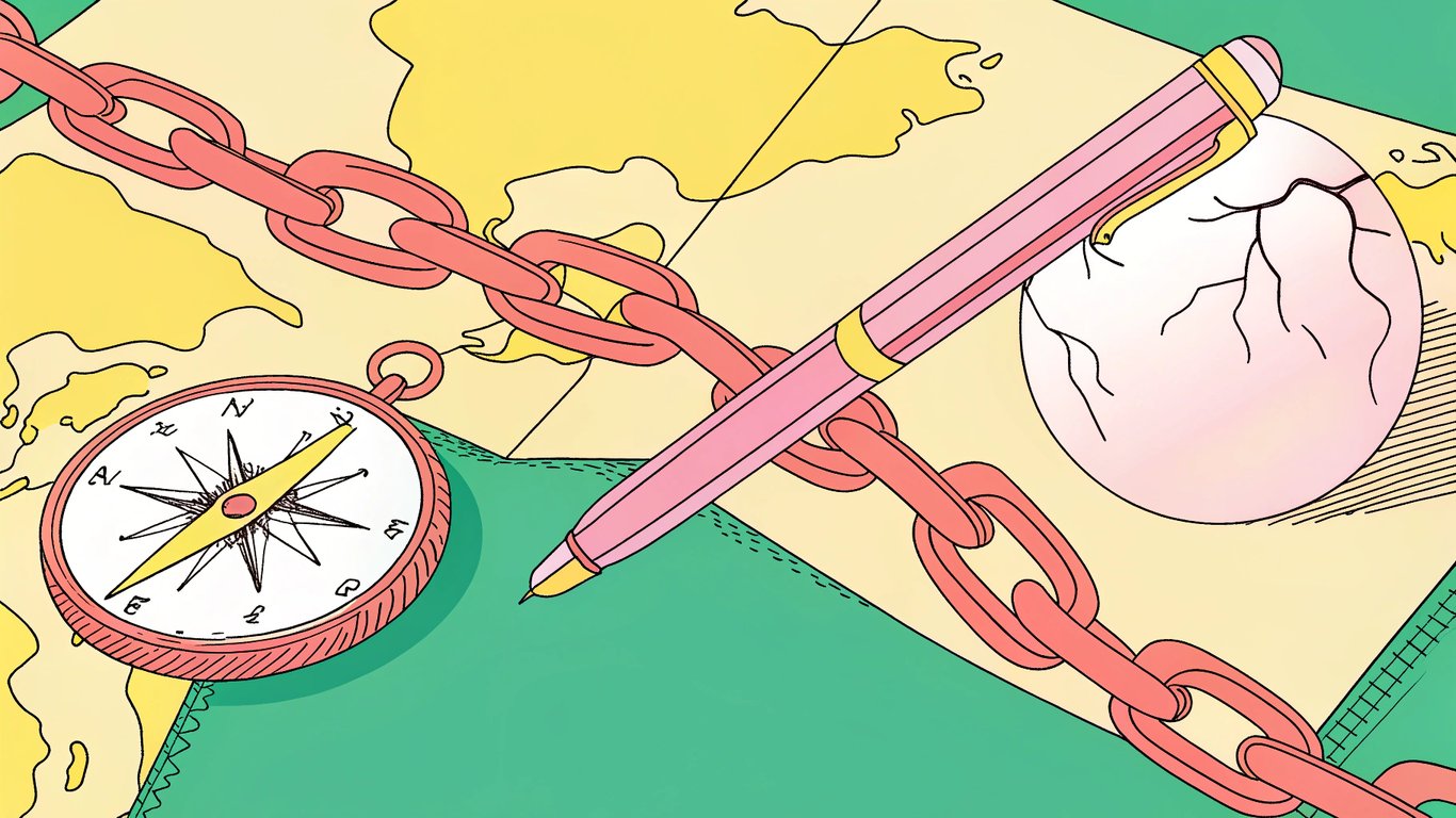 a glowing pen shattering a chain, a cracked egg releasing light, a compass on a blank map