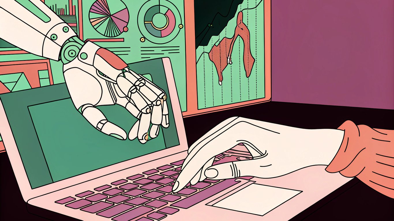 A futuristic robot hand typing on a laptop keyboard, a human hand guiding it, a glowing SEO meter in the background, a dynamic workspace with charts and graphs, soft light highlighting the collaboration between human and AI.