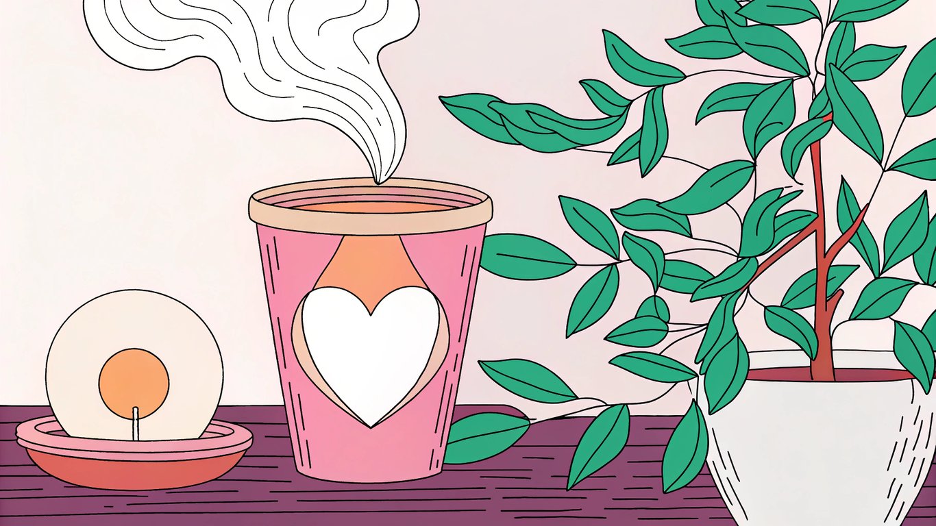 A coffee cup with a heart, a growing plant, and a small glowing light.