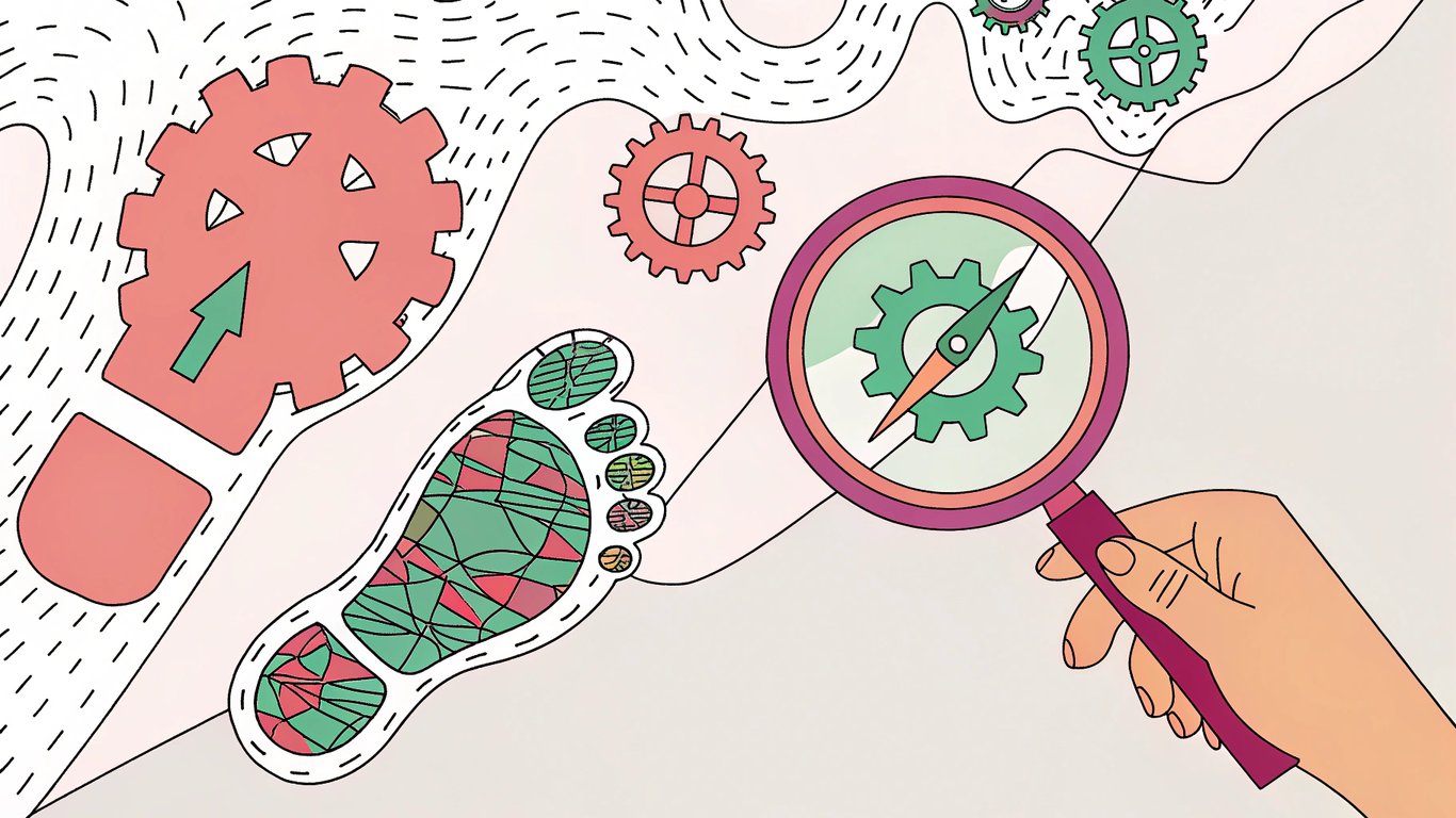 A digital footprint morphing into a stream of data, a magnifying glass inspecting a gear, and a compass guiding through a field of cogs.