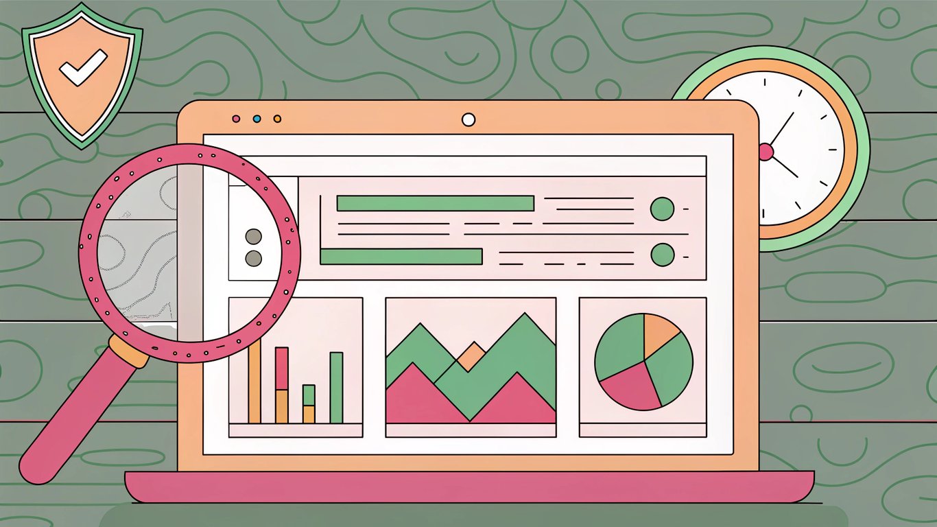 A sleek dashboard displaying WordPress Core Web Vitals metrics, a protective shield icon, a clock ticking in the background, a magnifying glass hovering over a performance chart.
