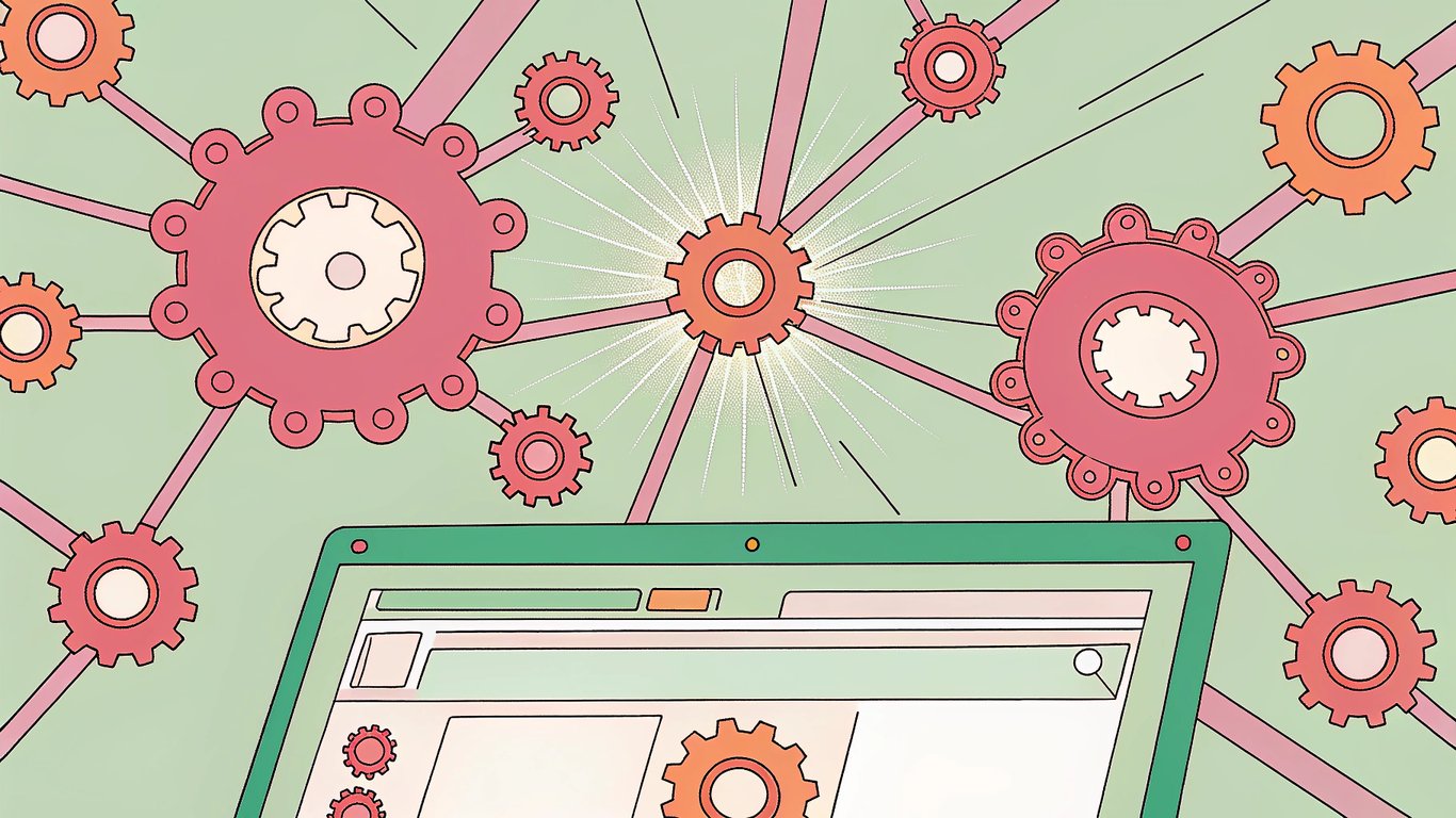 a glowing network of interconnected gears over a WordPress dashboard, with progress bars and a light beam emerging from the center.