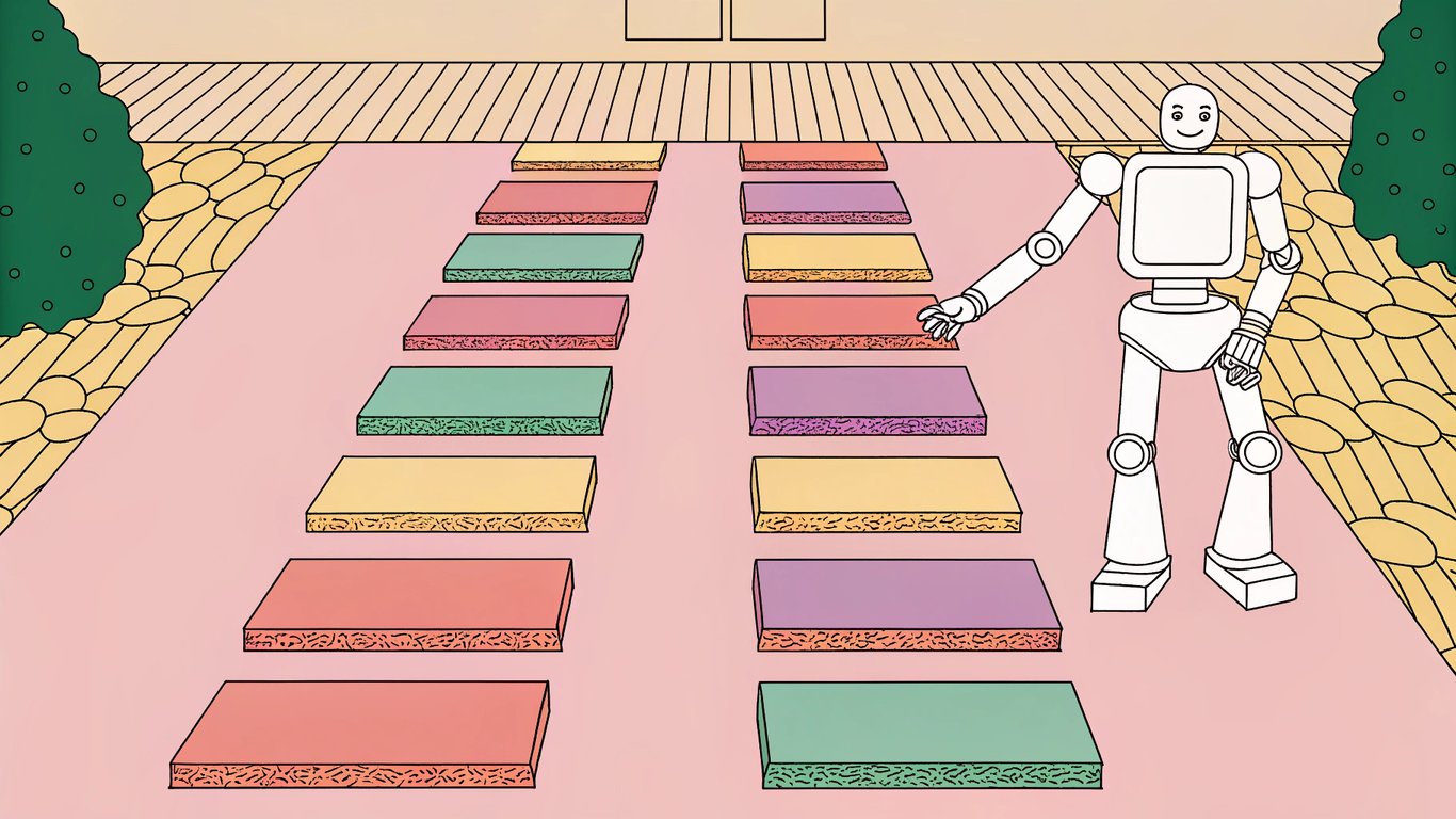 a robot arranging building blocks on a pathway, representing structured data guiding through a process