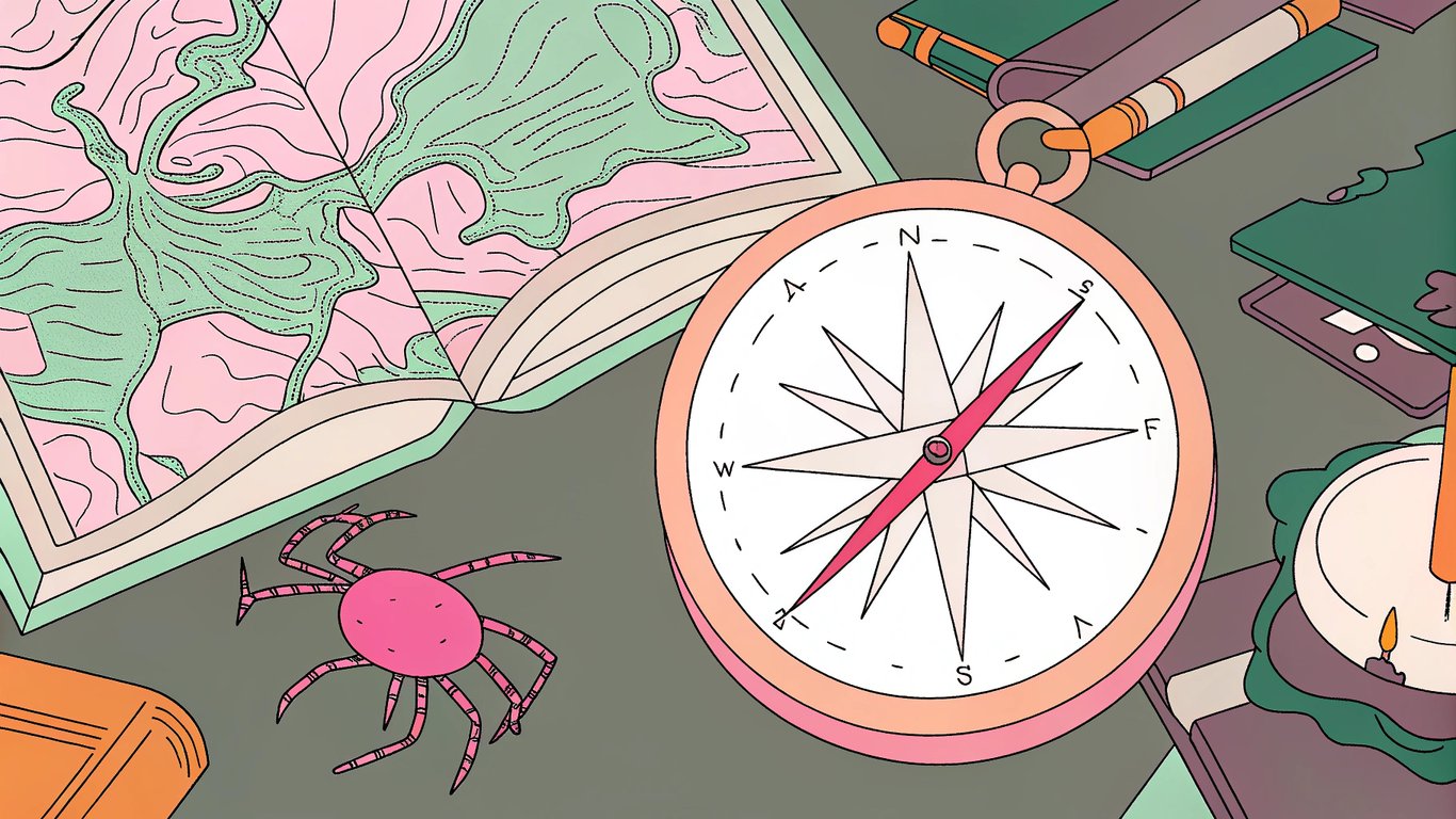 A compass with a glowing needle, an old clock with slow-moving hands, and a small mechanical spider crawling on a map.