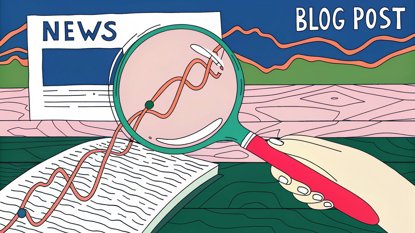 a glowing thread moving swiftly through a magnifying glass, a dynamic news headline ticker, and a blog post being published with a racing line in the background.