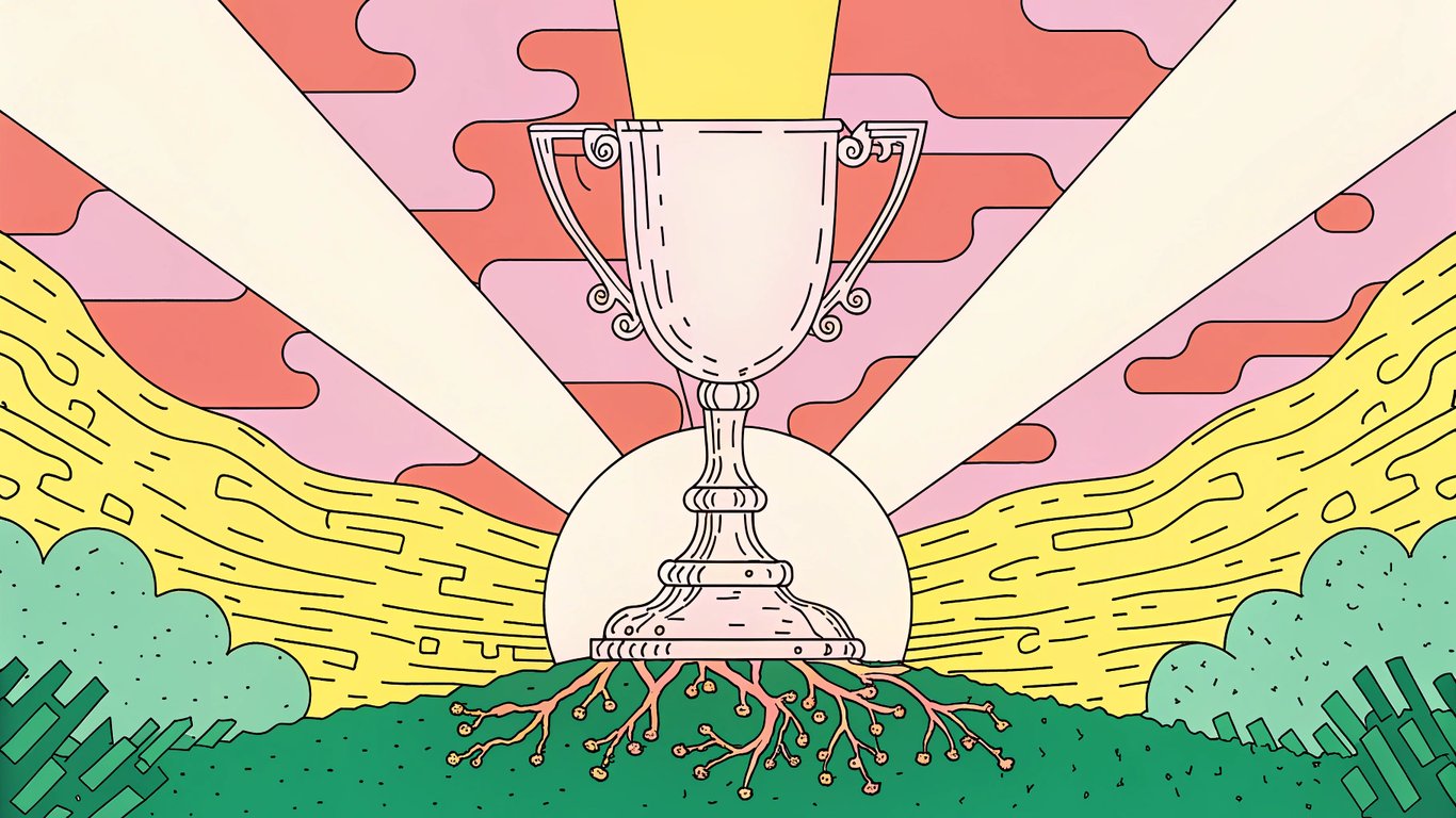 A trophy with glowing roots made of code, spreading light across a digital landscape.