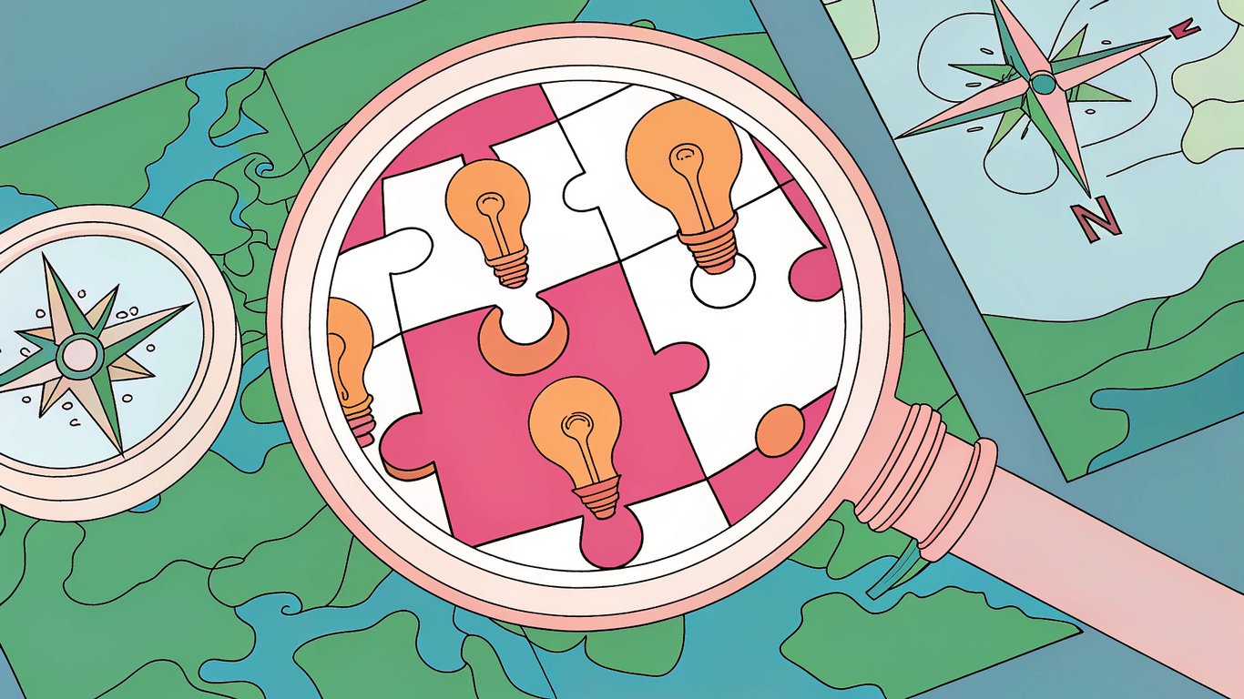 a magnifying glass revealing a puzzle with glowing lightbulbs, a compass with a map in the background, a glowing lightbulb hovering over a digital dashboard