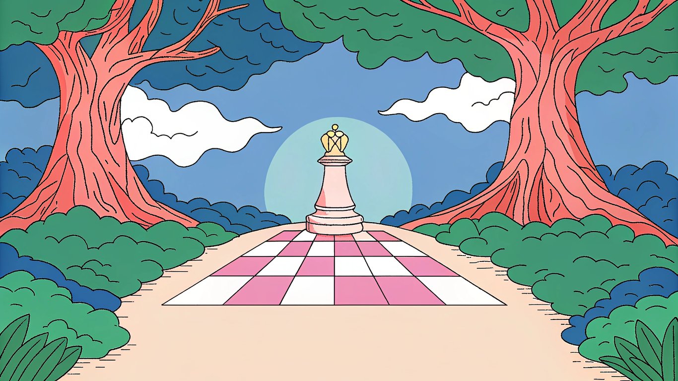 a chessboard representing strategic planning, a smooth path winding through a forest, a large tree with deep roots in the background, and a glowing light at the end of the path.