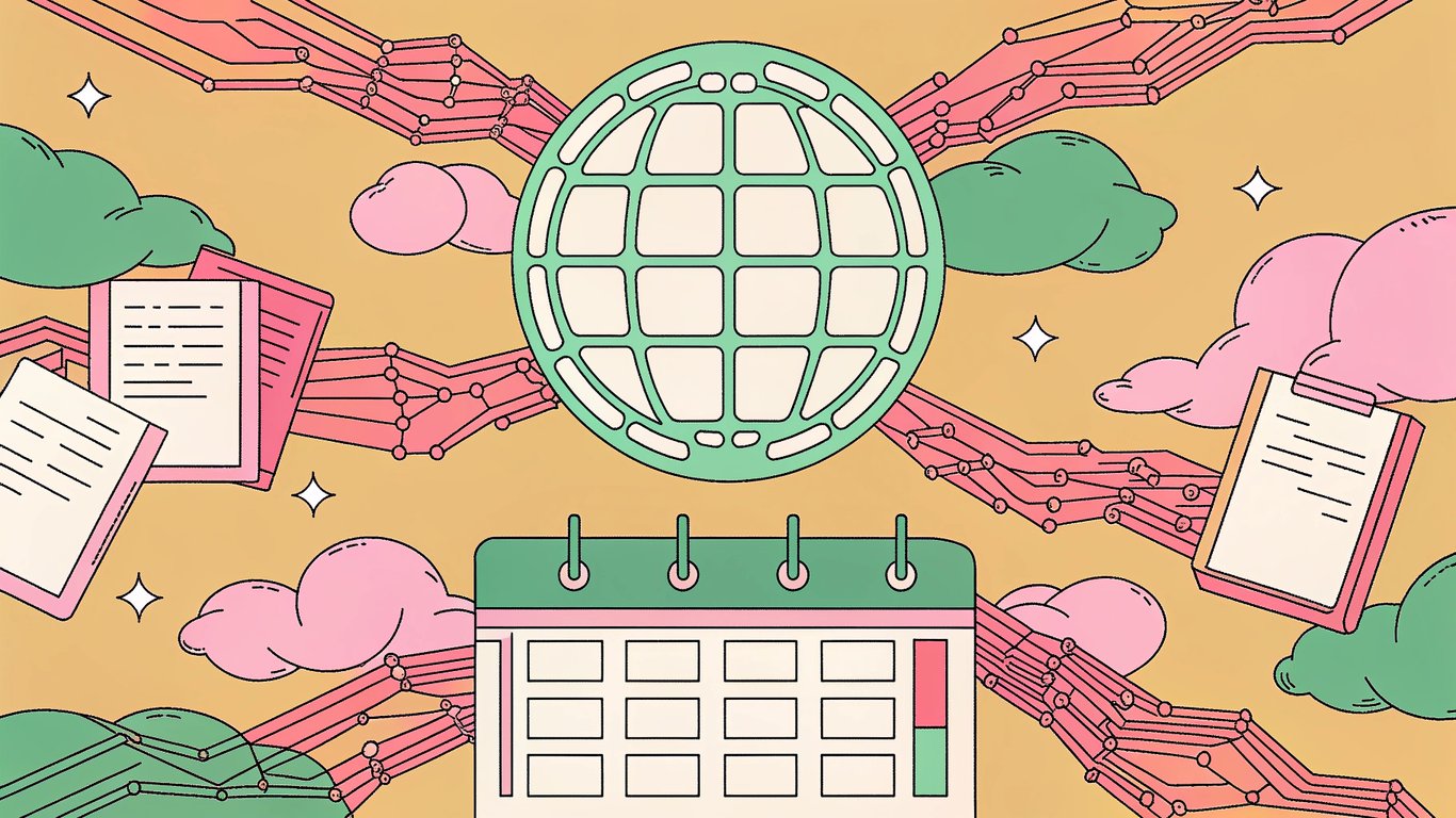 A futuristic digital interface with a glowing globe at the center, surrounded by swirling streams of documents and data, interconnected by a neural network. A sleek, modern calendar interface overlays the scene, symbolizing AI-driven content scheduling.