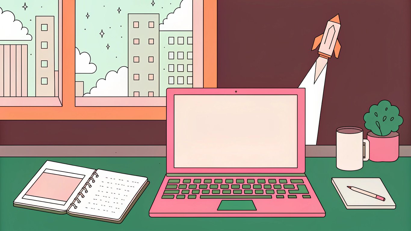 A sleek, modern desk with a laptop, notebook, and steaming cup of coffee, surrounded by colorful sticky notes and a small potted plant. In the background, a blurred cityscape with a rising rocket trajectory, symbolizing growth and success. Bright, professional color palette with warm lighting to evoke inspiration and productivity.
