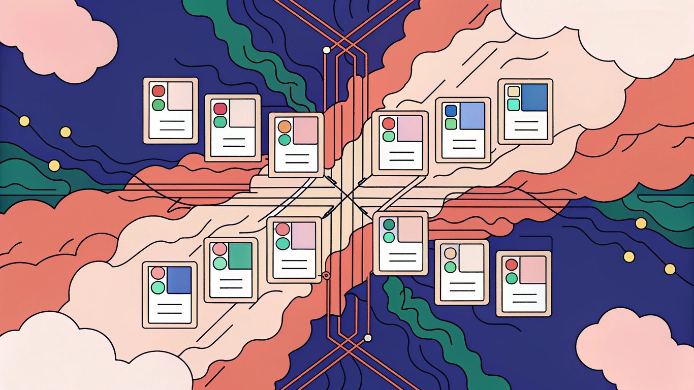 A futuristic digital scene with glowing neural networks and interconnected content blocks, using a modern color palette of blues and purples to represent AI-driven content management.