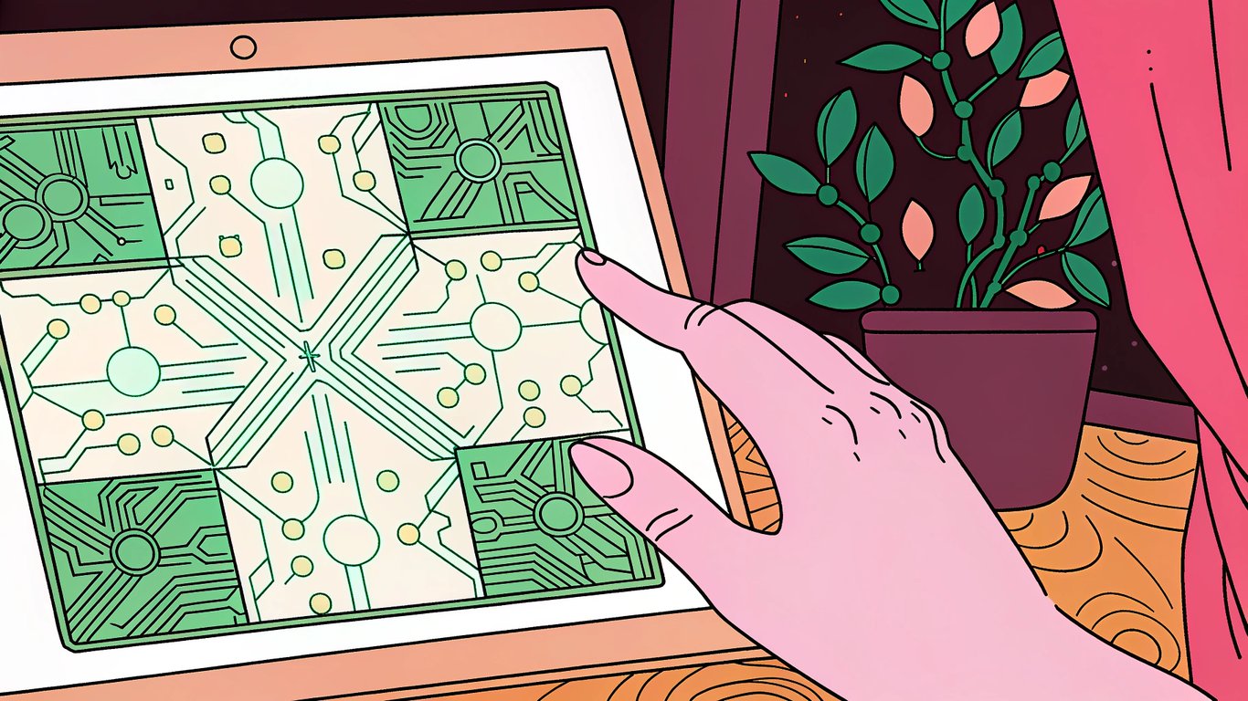 A futuristic digital interface with glowing blue lines and abstract patterns, symbolizing AI content generation, with a hand interacting in the background.