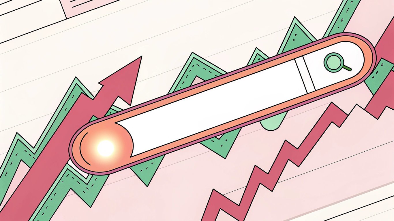 A sleek, modern search bar with a glowing light at the center, surrounded by upward-trending graphs and the WordPress logo, on a clean digital background.