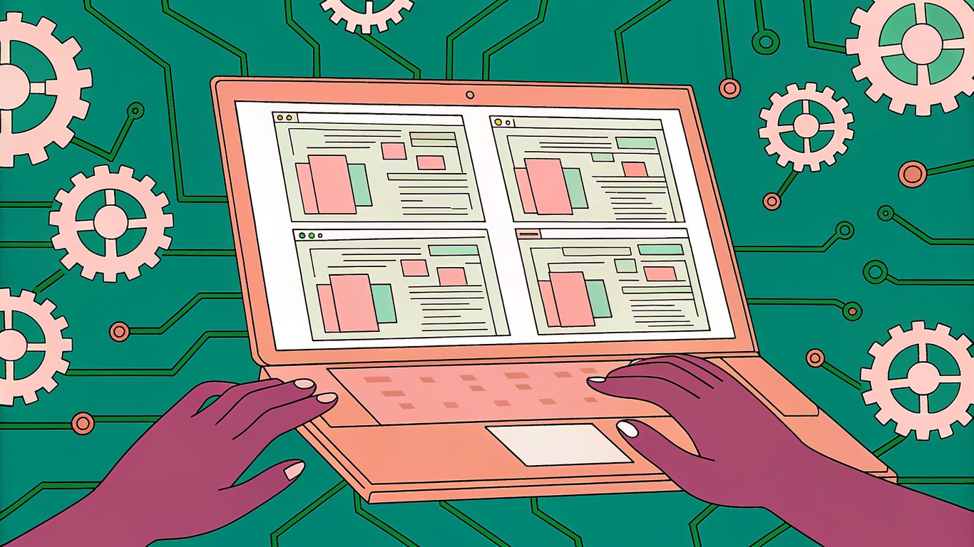 A futuristic WordPress dashboard with glowing blue AI-generated content streams seamlessly integrated, surrounded by floating gears and circuits, symbolizing efficient AI content management.