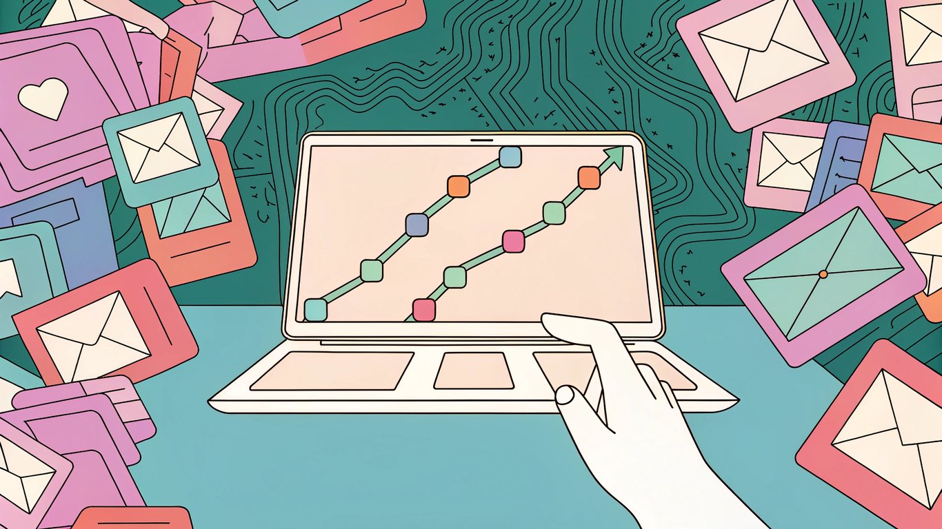 A glowing strategy roadmap on a sleek, futuristic digital interface, symbolizing clarity and focus amidst blurred social media feeds and emails in the background, representing the crowded digital space.