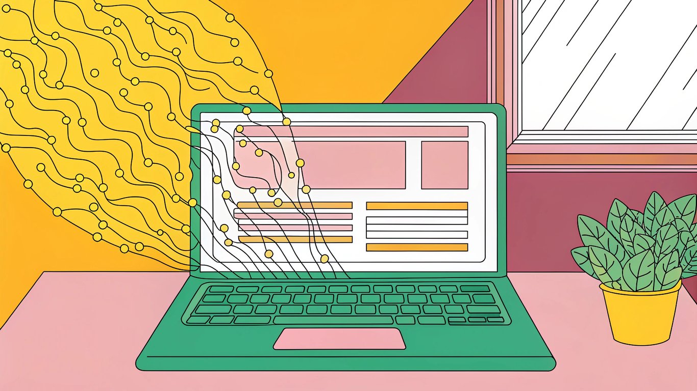 A futuristic laptop on a sleek, modern desk, screen glowing with a blog interface. Surrounding the laptop, swirling digital elements like light trails and circuits symbolize AI. A small potted plant with vibrant greenery nearby represents sustainable growth. The background is a blurred, minimalist space with a