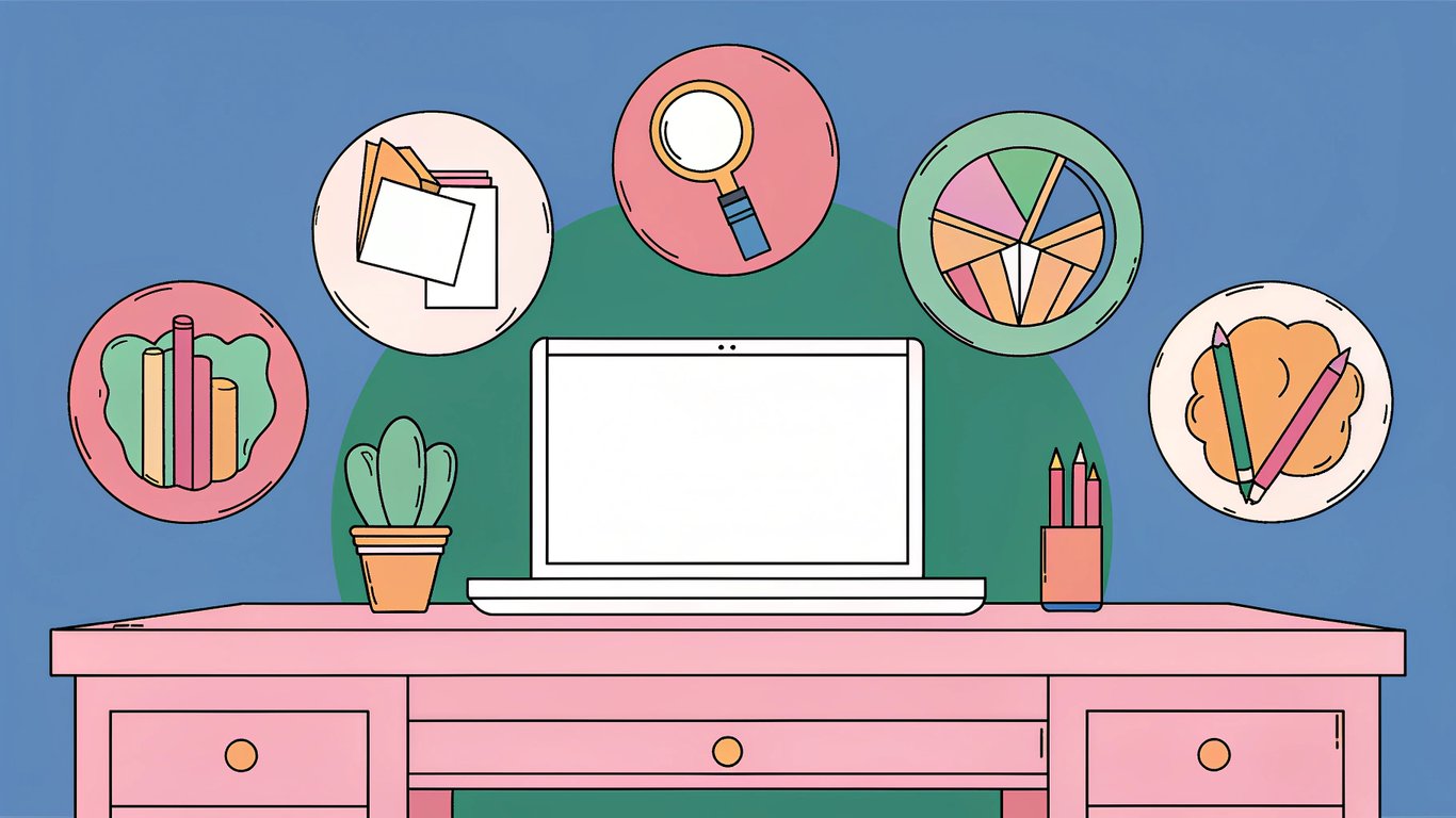 A sleek, modern desk with a computer, surrounded by floating icons representing SEO, analytics, and writing tools, glowing softly against a clean, minimal background.