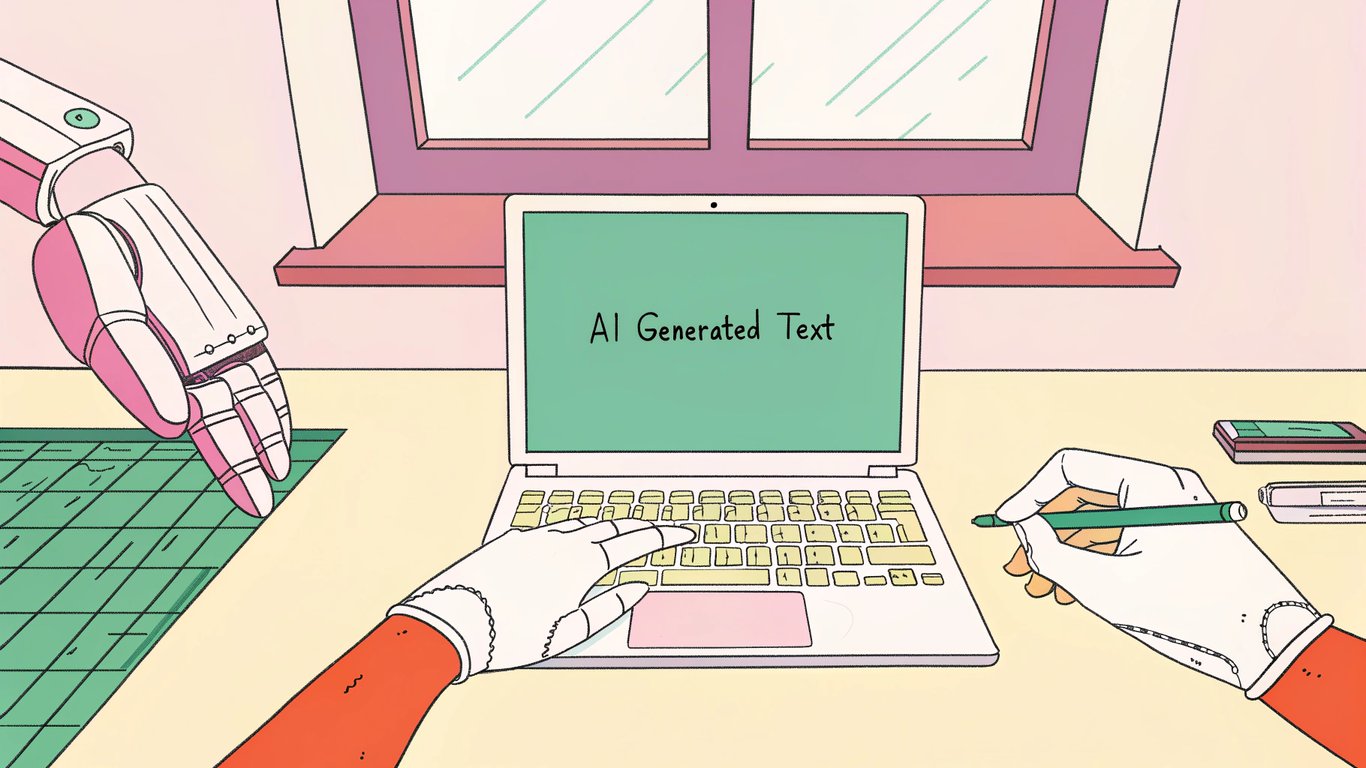 A modern workspace with a laptop, its screen glowing with AI-generated text, alongside a robotic arm and a human hand holding a pen, all on a clean desk under soft, natural light.