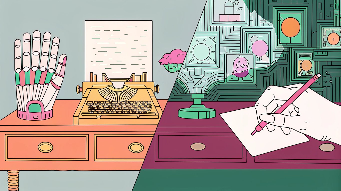 A split scene contrasting a traditional writer's desk with a hand holding a pen on one side, and a futuristic digital interface with glowing AI elements on the other, using vibrant colors to symbolize the transformation and efficiency of AI-driven content creation.