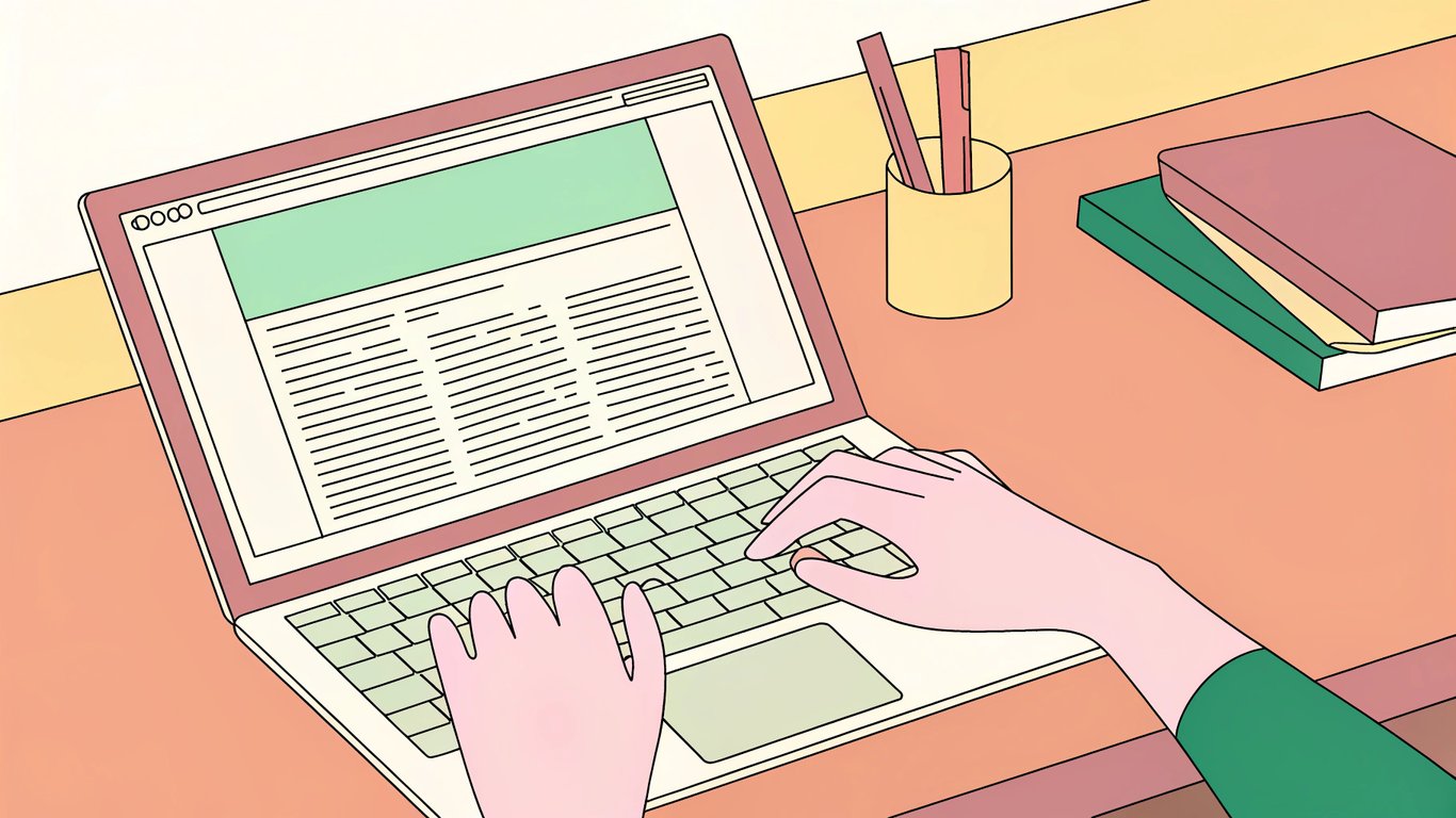 A sleek, modern laptop on a desk, screen displaying WordPress with a blog post in progress. A hand