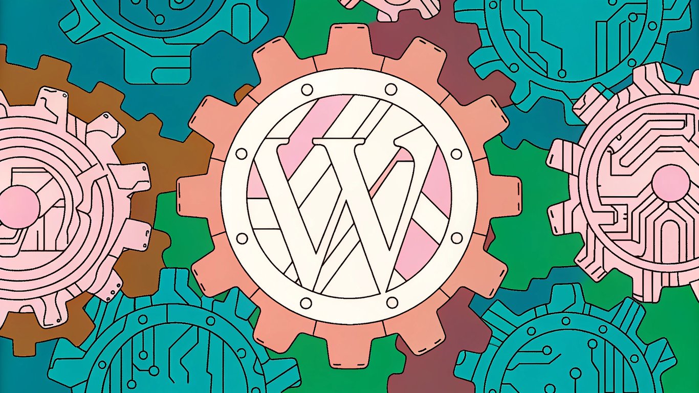 A futuristic illustration of the WordPress logo (W) merging with glowing AI-inspired gears and circuits, symbolizing the integration of artificial intelligence into the platform.