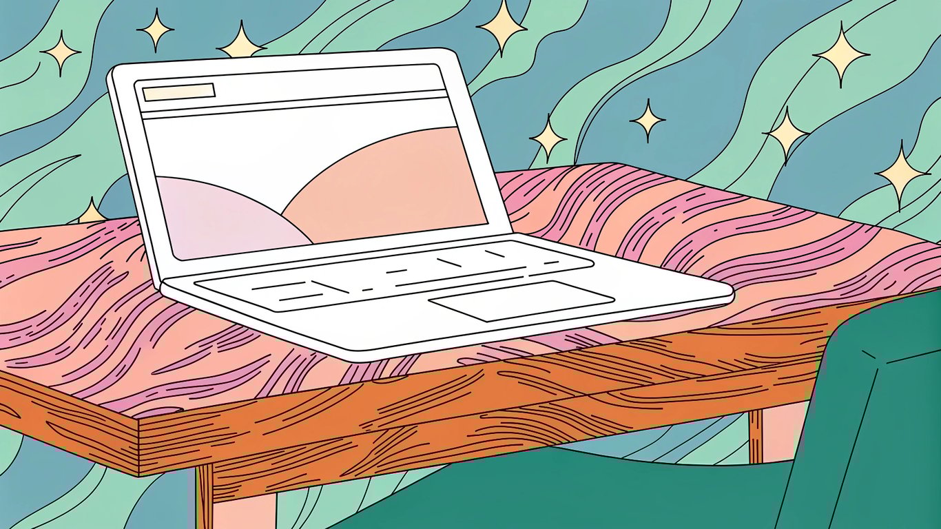 A futuristic desk with a sleek laptop, its screen softly glowing as it displays content. Abstract digital elements subtly shimmer in the background,