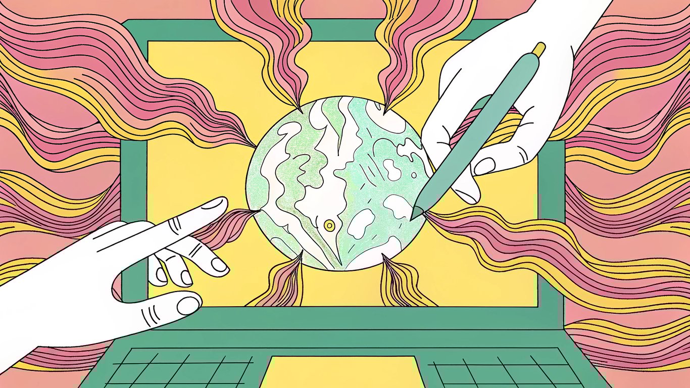 A futuristic digital interface with a glowing AI-generated globe at the center, surrounded by vibrant, swirling elements representing data and creativity. A hand or cursor hovers over the interface, symbolizing human-AI collaboration. The background features subtle hints of copywriting symbols, such as pens or highlighted text, blended seamlessly into the design. The color palette is modern and striking, with blues, purples, and neon accents to evoke innovation and technology.
