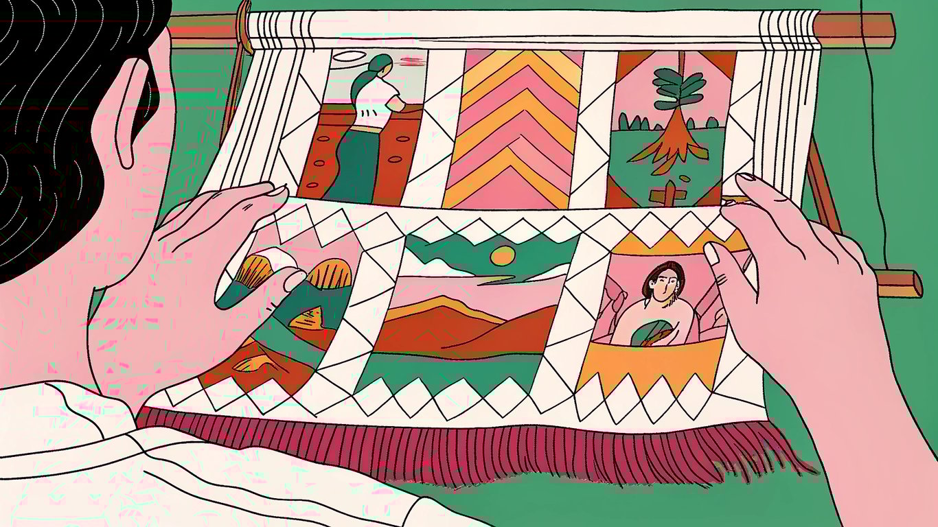Person weaving a tapestry representing storytelling elements in content.
