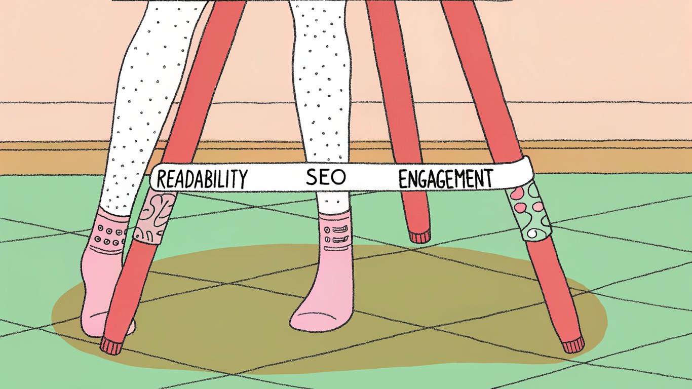 Three-legged stool metaphor for Readability, SEO, and Engagement in content writing.
