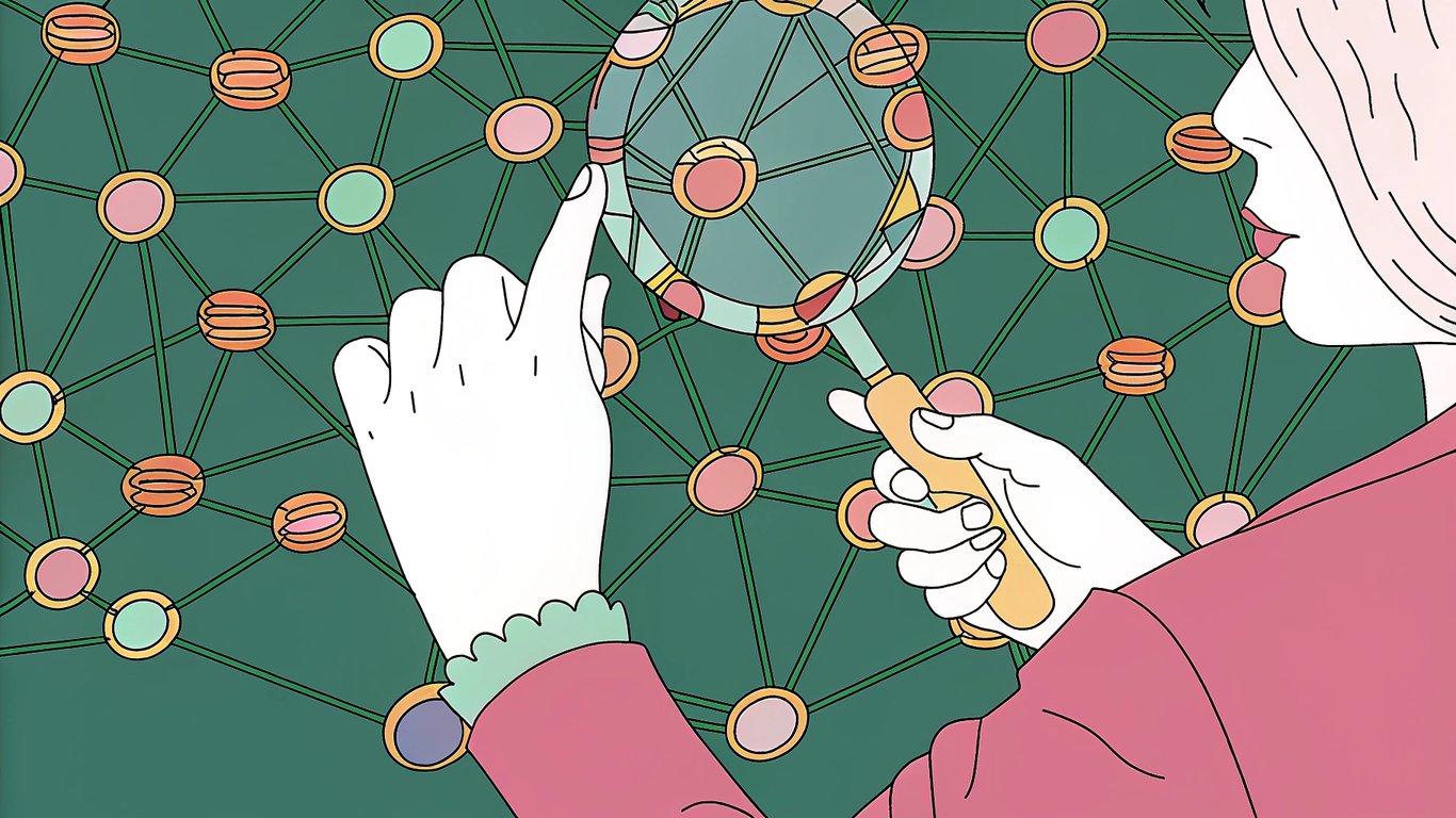 Person examining a network of interconnected nodes
