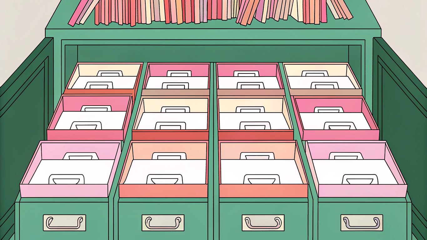 Organized filing cabinet with labeled drawers.