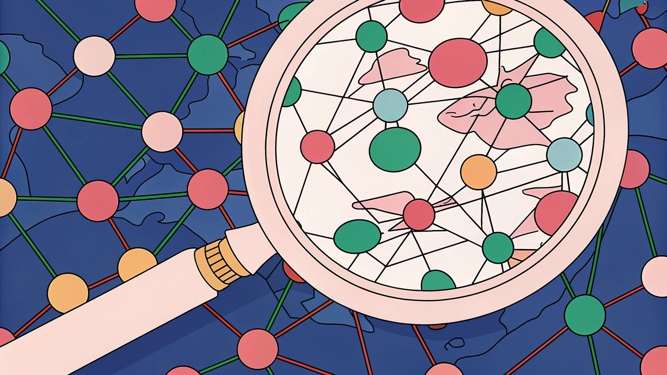Magnifying glass revealing insights within a data network.