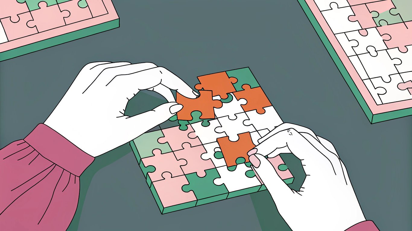 Person assembling puzzle pieces, symbolizing the step-by-step AI plugin deployment.