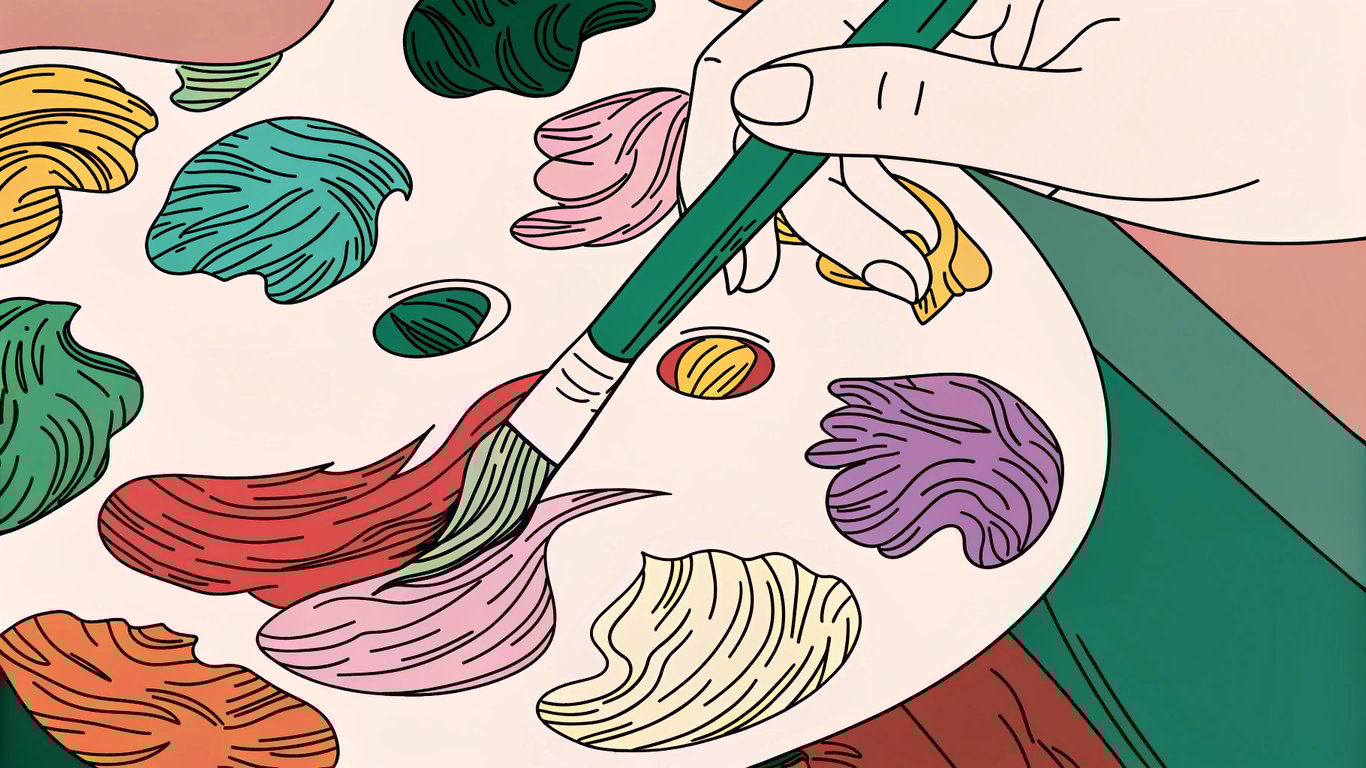 Paint palette with colors blending together, symbolizing visual content creation.