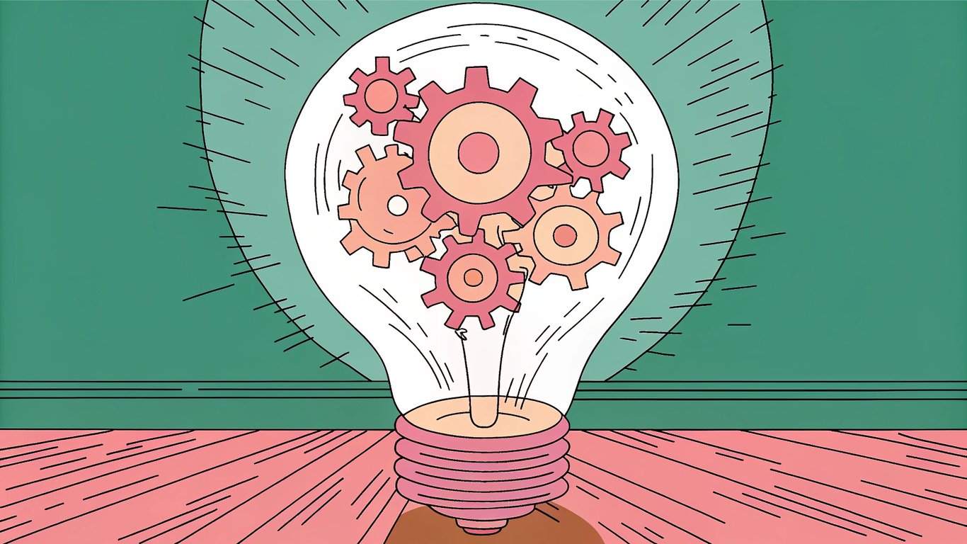 Lightbulb with gears turning inside, representing idea generation.