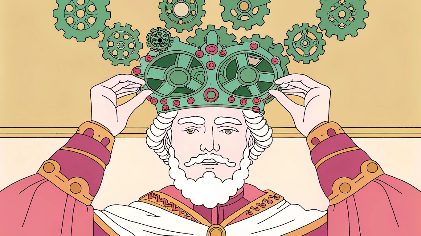 King wearing a crown of gears
