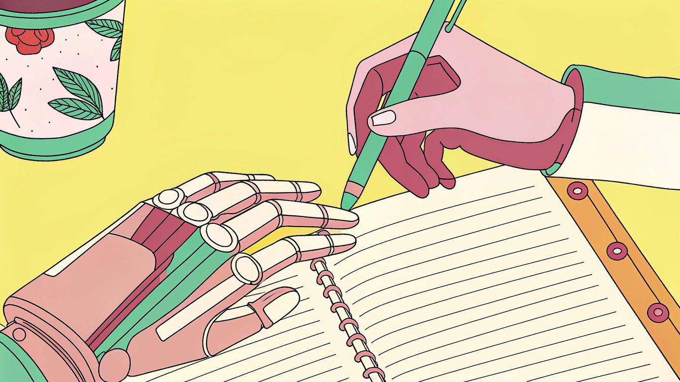 A writer's hand guiding an AI writing tool.