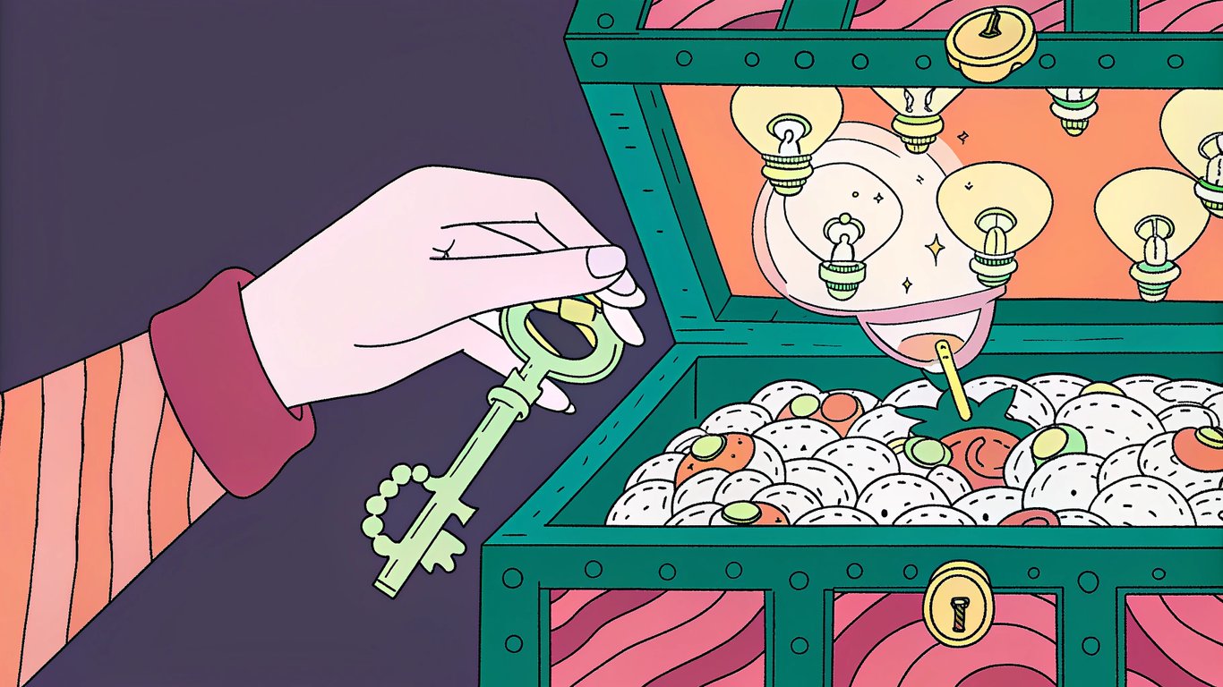 Key unlocking a treasure chest of ideas.