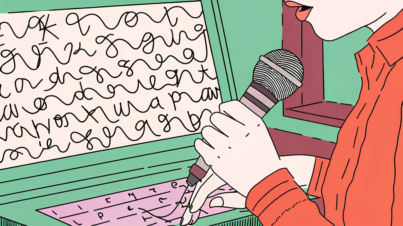Person speaking, words transforming into text on screen.
